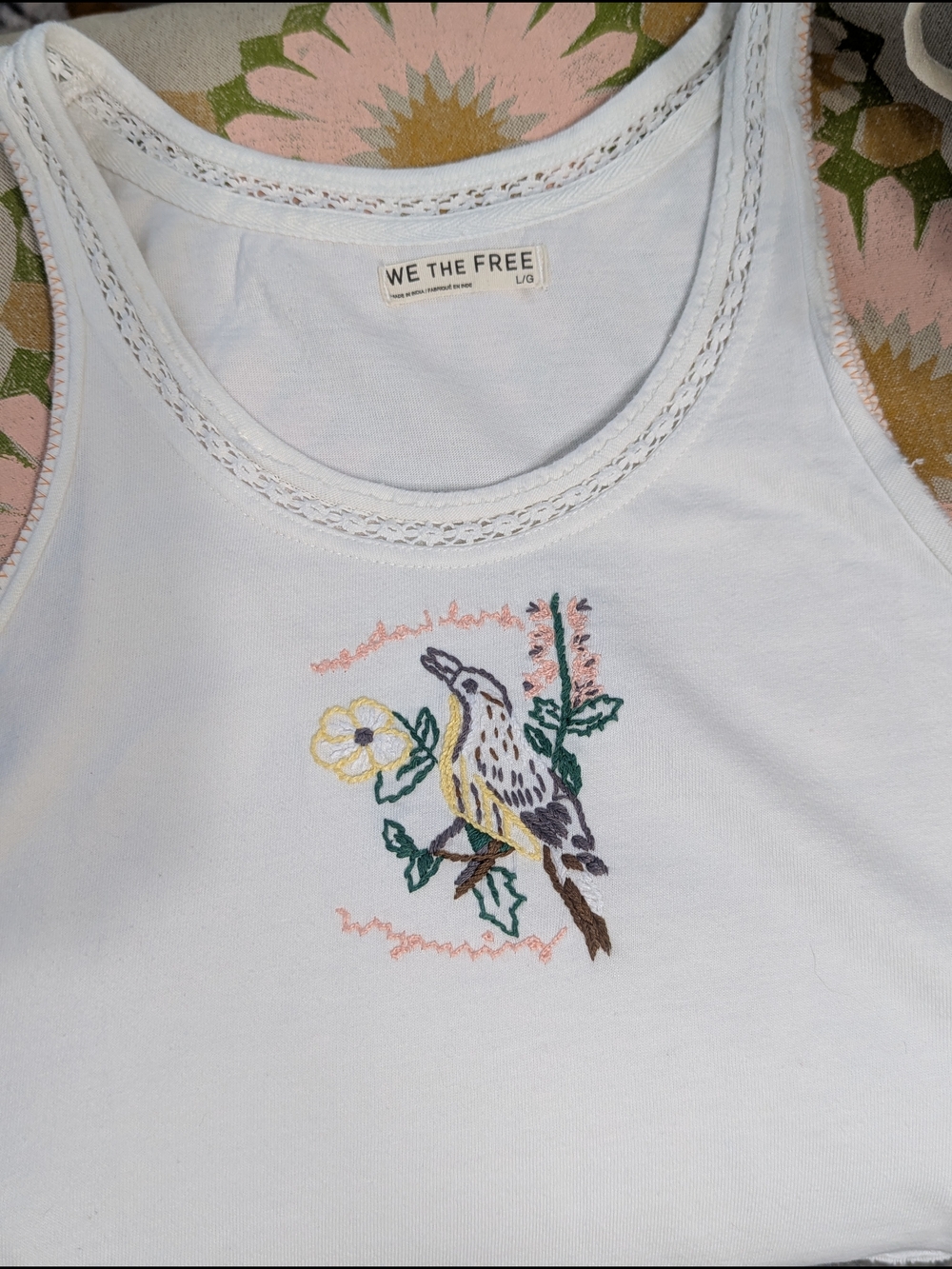 We The Free White Cotton Embroidered Tank with Bird